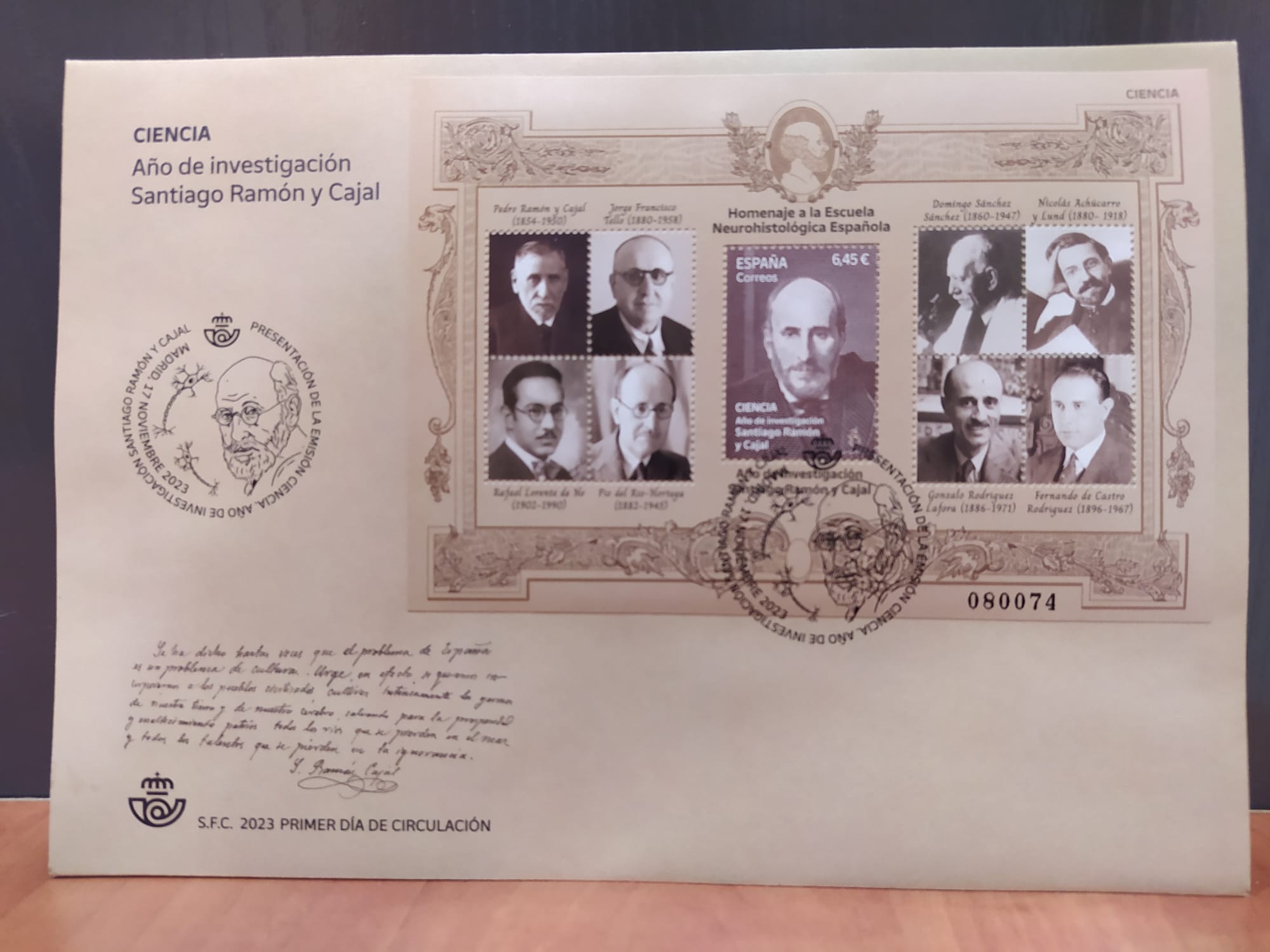 PRESENTACIÓN DEL SELLO HOMENAJE A LA ESCUELA NEUROHISTOLÓGICA ESPAÑOLA, AÑO DE INVESTIGACIÓN SANTIAGO RAMÓN Y CAJAL