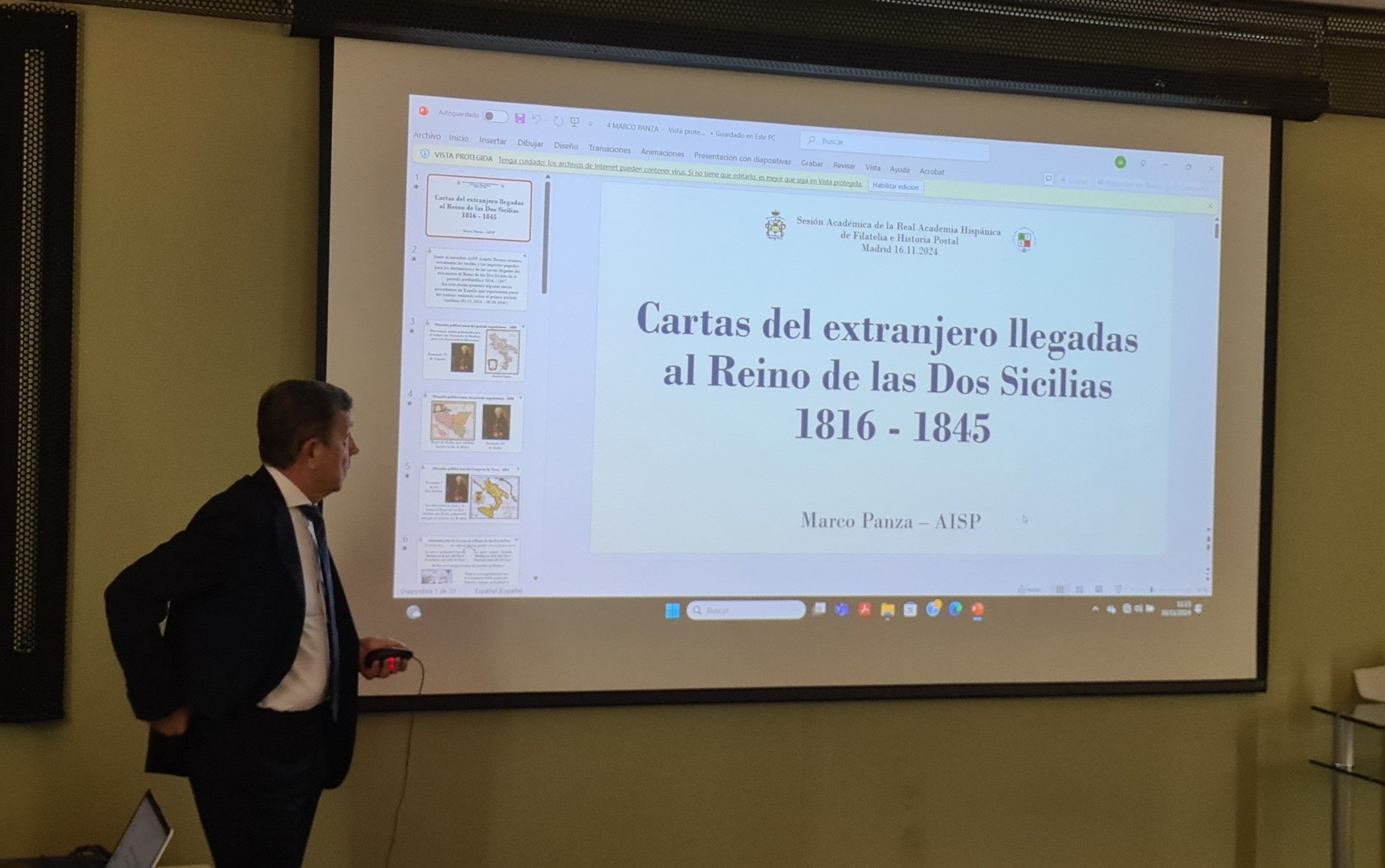 Resumen de la intervención del miembro de la Associazione Italiana di Storia Postale D. Marco Panza en la sesión académica de 16 de noviembre de 2024