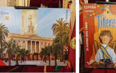 Presentación Sellos “63 EXFILNA 2025. Cádiz. Ayuntamiento de Cádiz” y “29 JUVENIA”. Cádiz. Títeres La Tía Norica. Batillo”