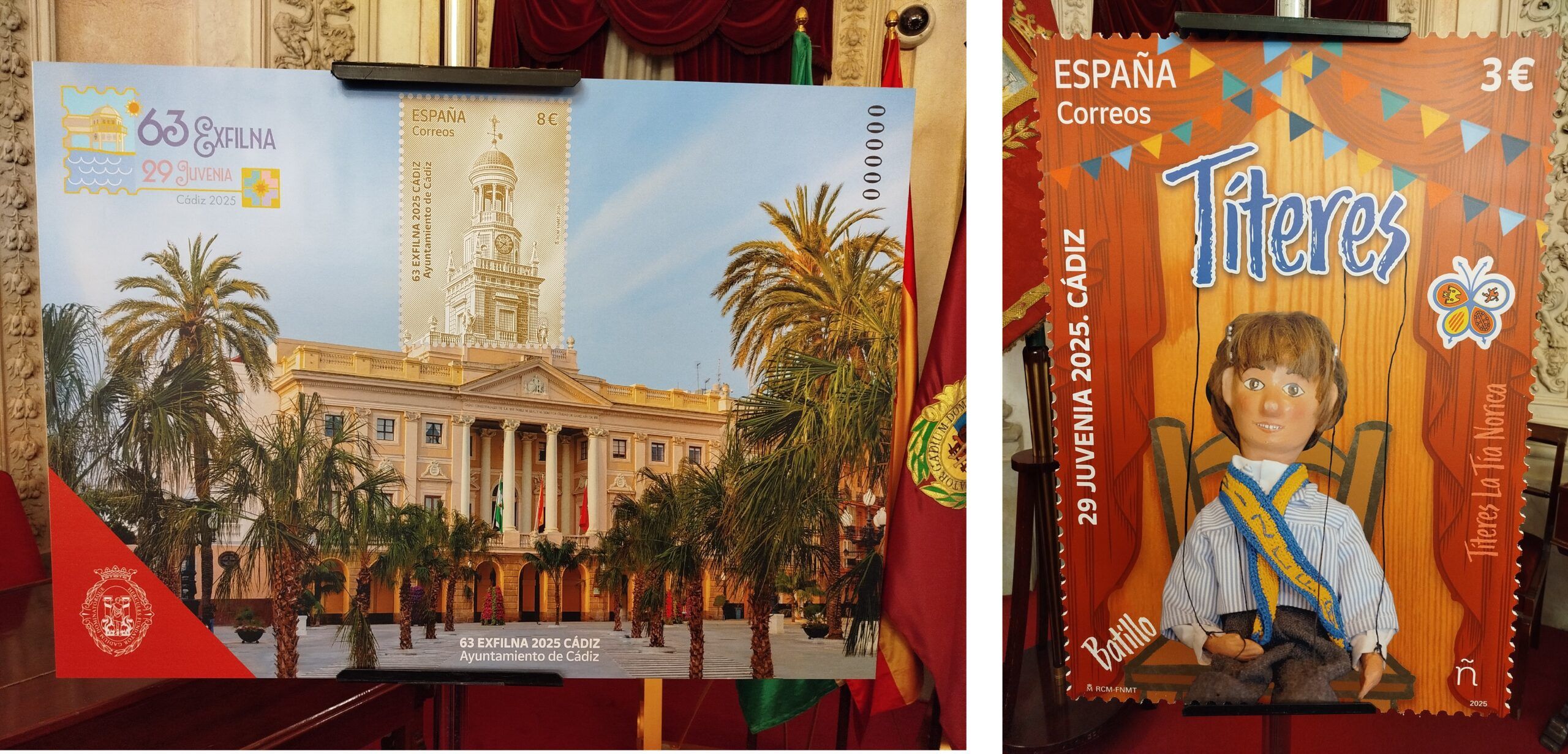 Presentación Sellos “63 EXFILNA 2025. Cádiz. Ayuntamiento de Cádiz” y “29 JUVENIA”. Cádiz. Títeres La Tía Norica. Batillo”