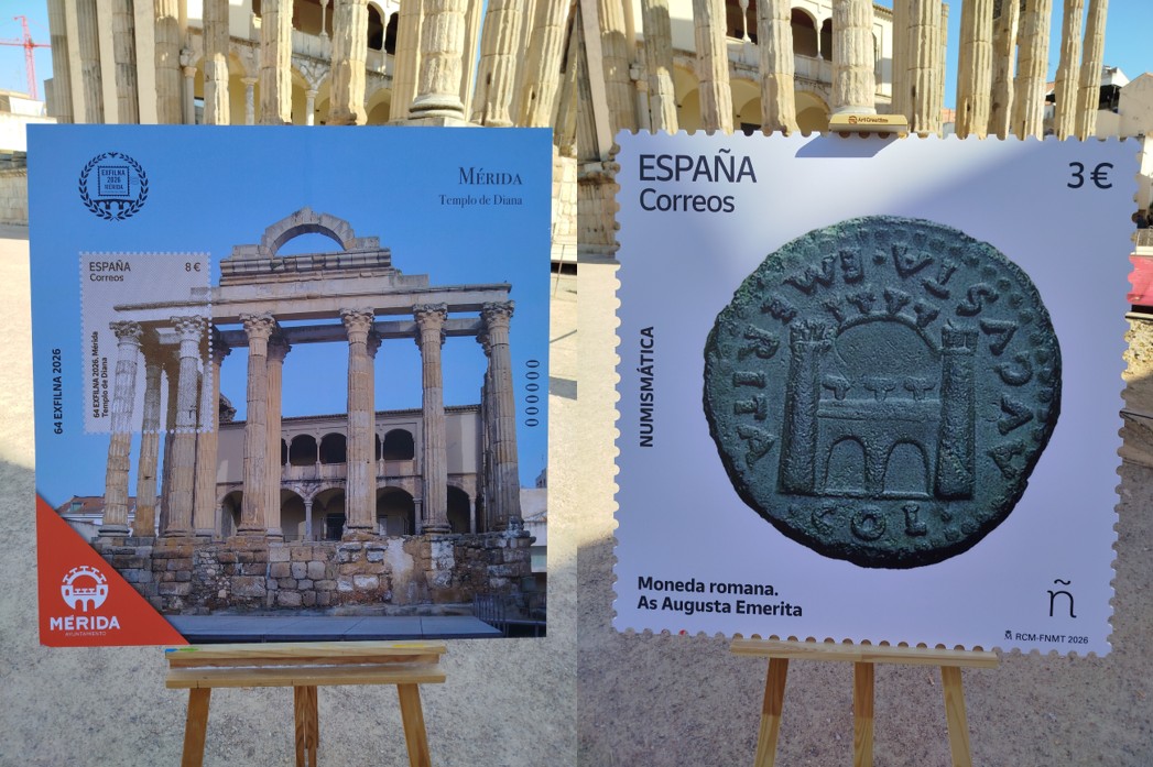 Presentación sellos “64 EXFILNA 2026. Mérida. Templo de Diana” y “Numismática. Moneda romana. As Augusta Emerita” Presentación sellos “64 EXFILNA 2026. Mérida. Templo de Diana” y “Numismática. Moneda romana. As Augusta Emerita”